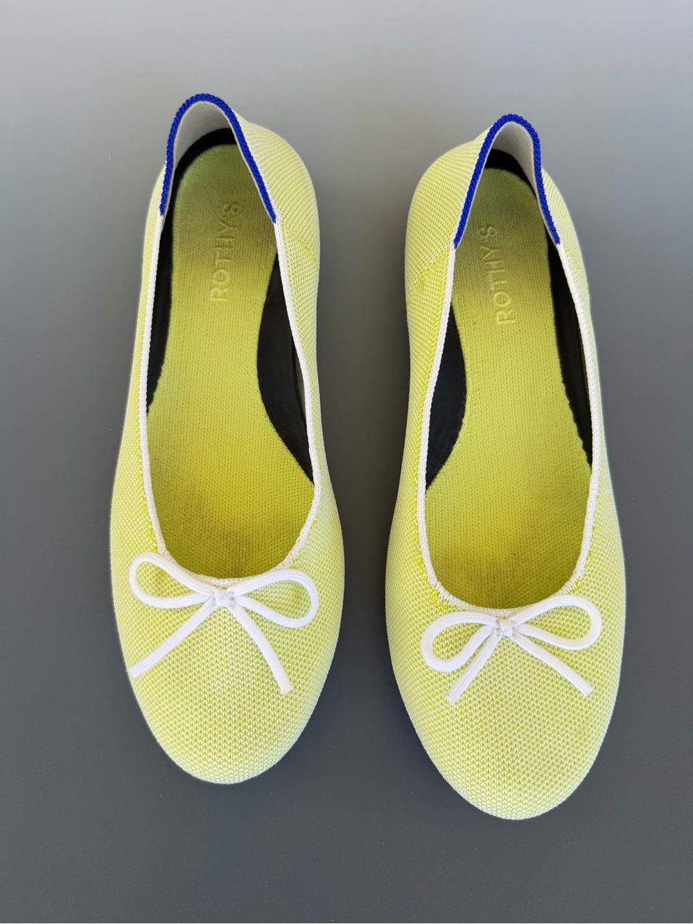 Rothy's Yellow Knit Ballet Flats with White Bow and Blue Trim